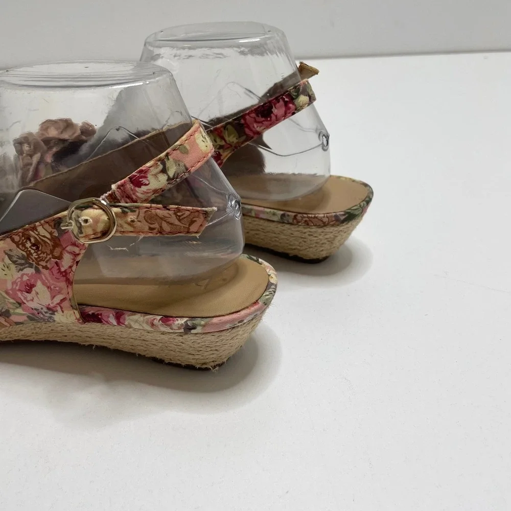 Hotter Betsy Pink Floral Peep Toe Wedge Sandals 3D Flower Applique Cottage 8.5